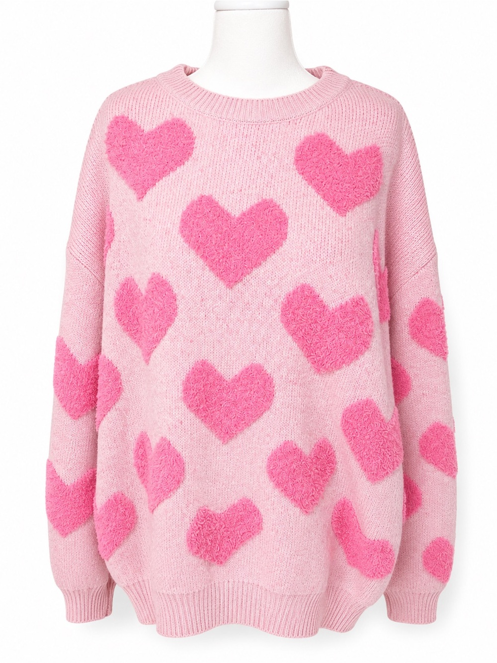 Judson & Co Pink Heart Pattern Crewneck Sweater - Women's Cozy Knit